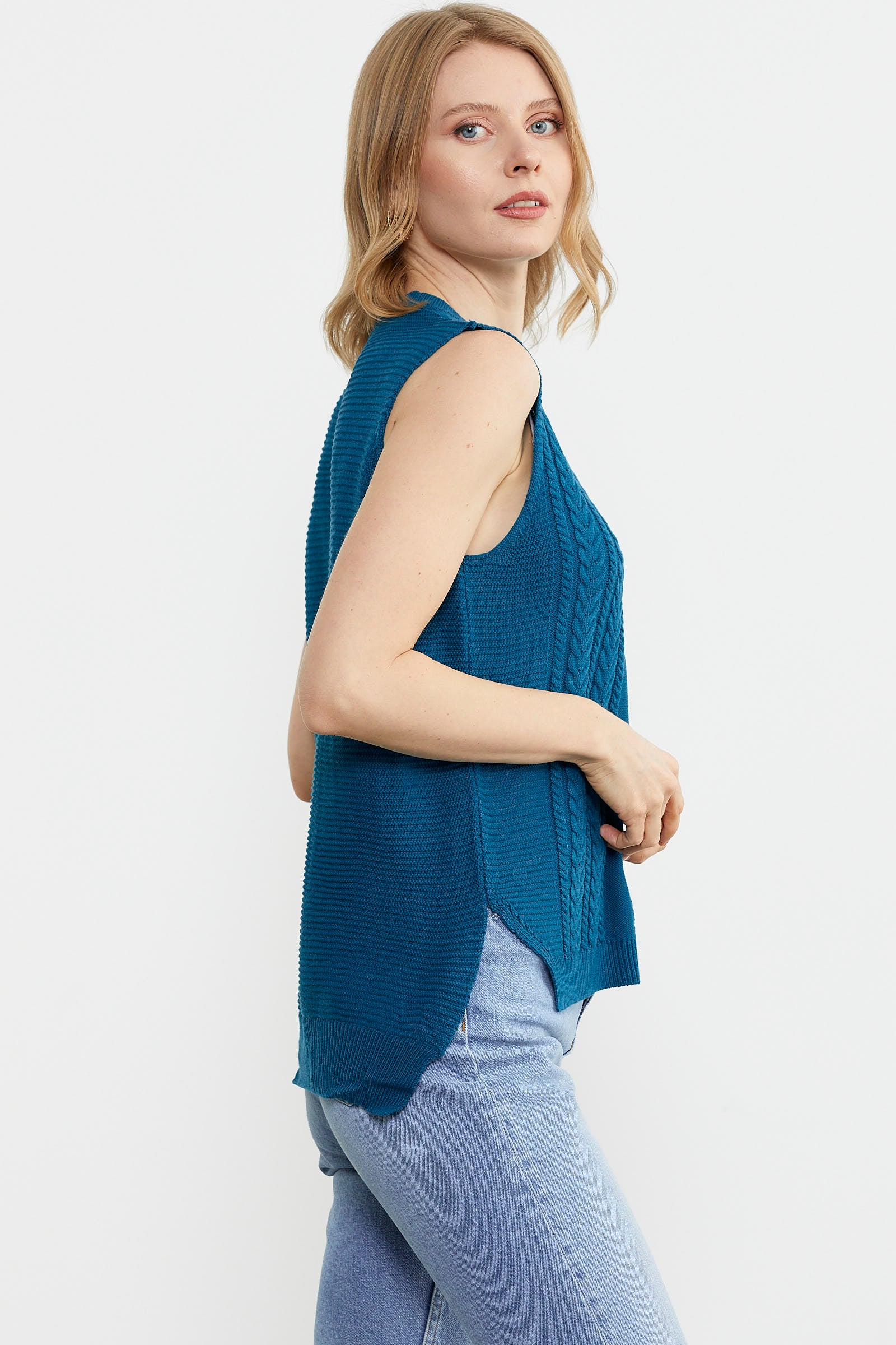 Arkası Uzun Motifli Triko Süveter - Koyu Turkuaz (3) Sementa