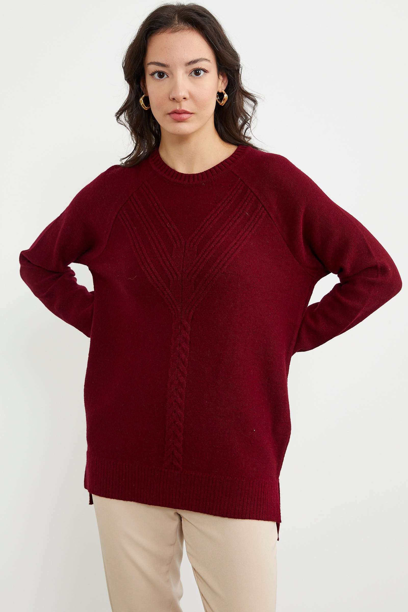 Arkası Uzun Önü Örgü Detaylı Triko Kazak - Bordo (2) Sementa