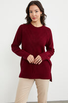 Arkası Uzun Önü Örgü Detaylı Triko Kazak - Bordo (1) Sementa