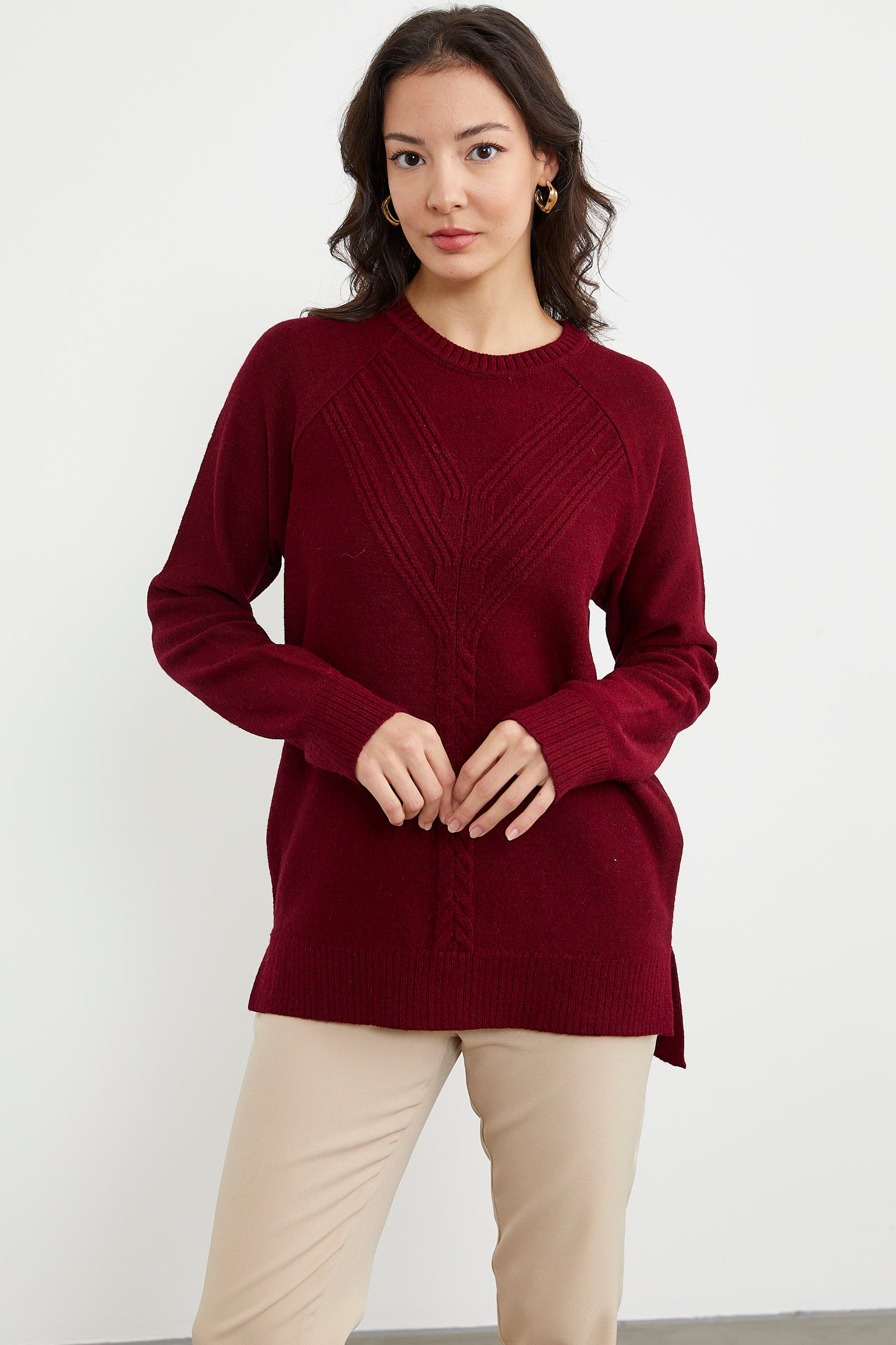 Arkası Uzun Önü Örgü Detaylı Triko Kazak - Bordo (1) Sementa