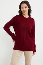 Arkası Uzun Önü Örgü Detaylı Triko Kazak - Bordo (3) Sementa