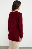 Arkası Uzun Önü Örgü Detaylı Triko Kazak - Bordo (6) Sementa