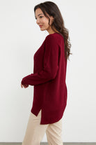 Arkası Uzun Önü Örgü Detaylı Triko Kazak - Bordo (5) Sementa