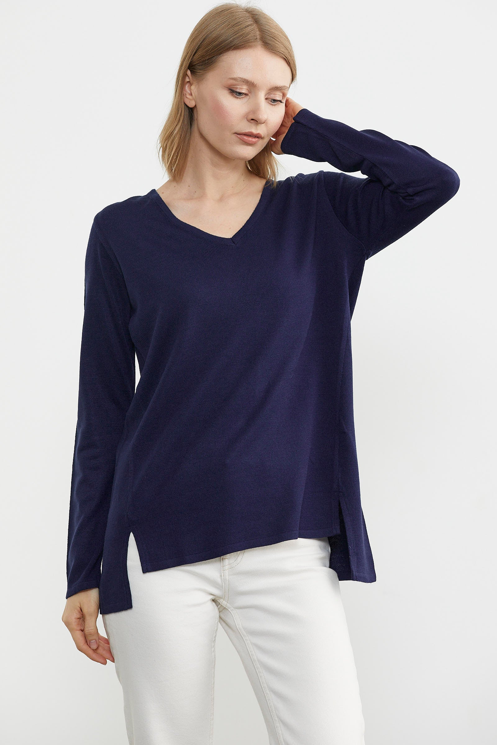 Arkası Uzun V Yaka Triko Kazak - Lacivert (2) Sementa