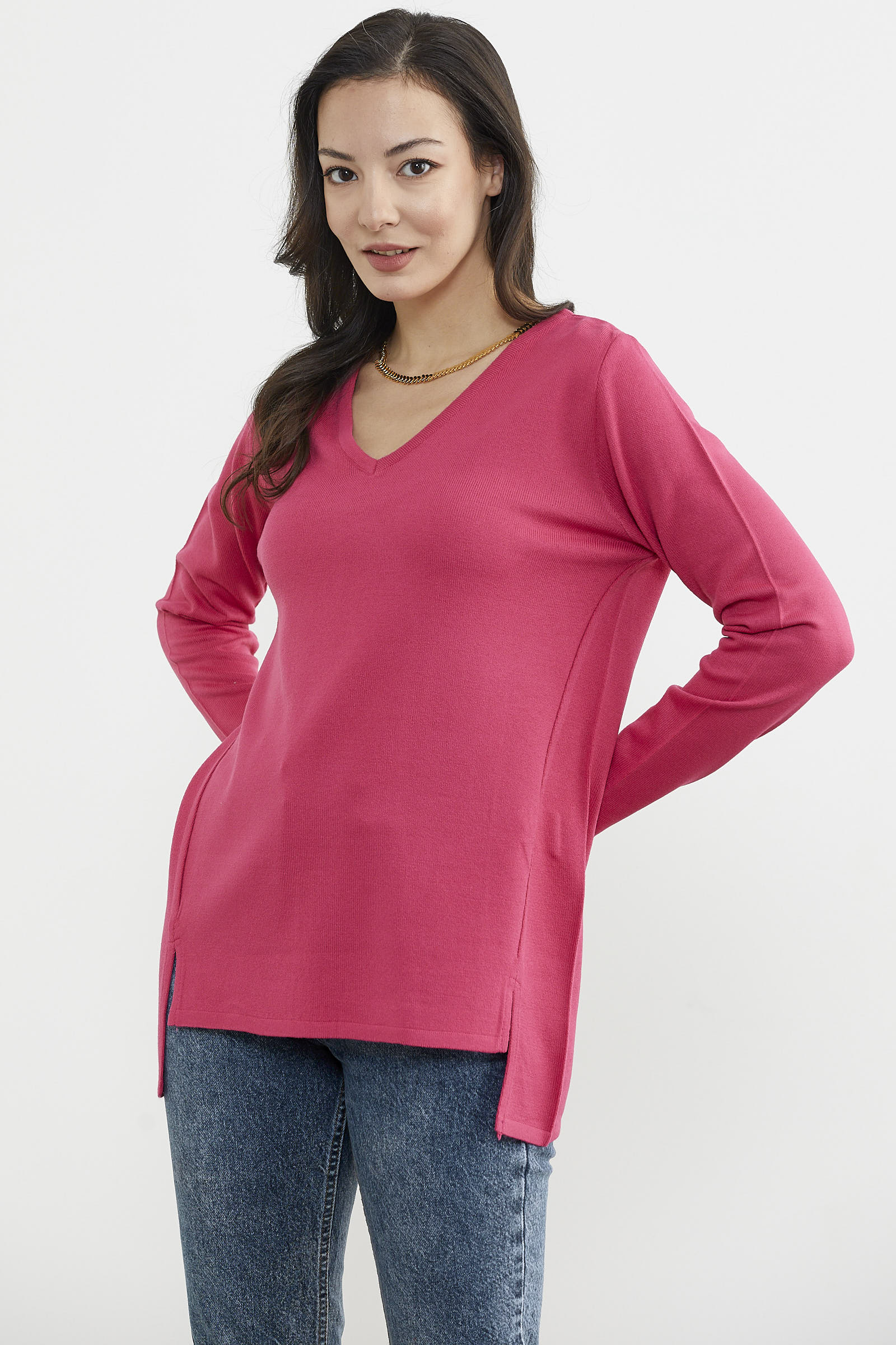 Arkası Uzun V Yaka Triko Kazak - Mercan (3) Sementa