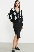 Baklava Desenli Çift Renk Yünlü Triko  Hırka - Siyah - Sementa