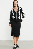 Baklava Desenli Çift Renk Yünlü Triko  Hırka - Siyah - Sementa