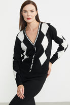 Baklava Desenli Çift Renk Yünlü Triko  Hırka - Siyah - Sementa