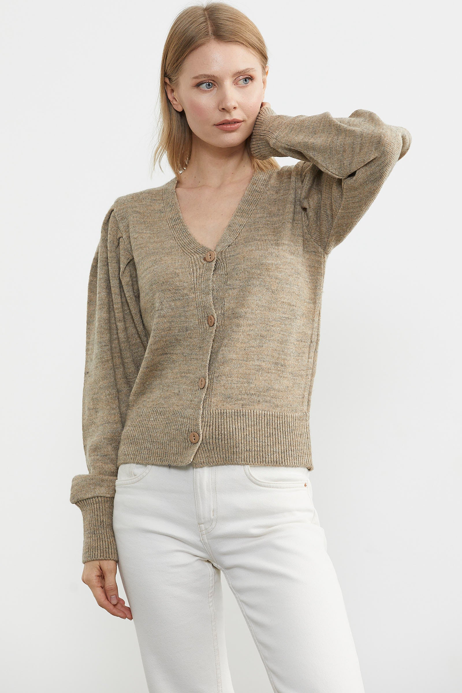 Balon Kol Basic Triko Hırka - Koyu Bej (3) Sementa