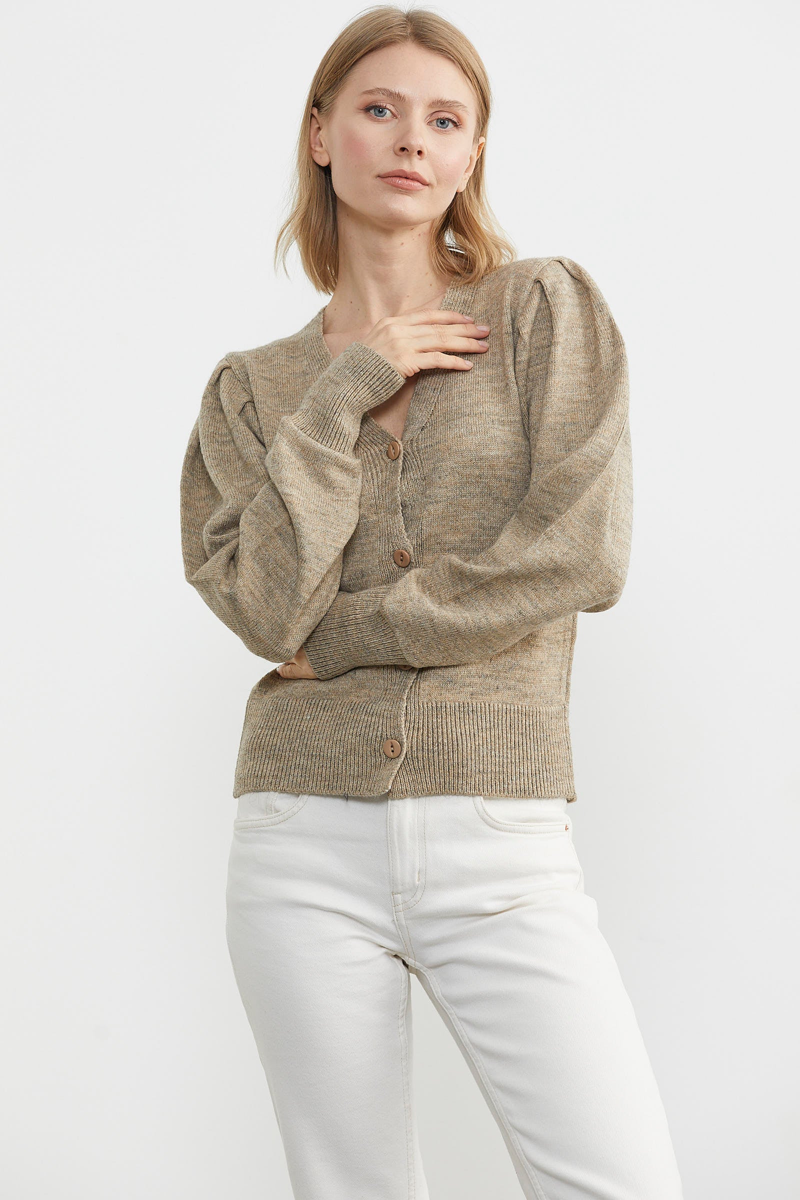 Balon Kol Basic Triko Hırka - Koyu Bej (4) Sementa