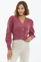 Balon Kol Düğmeli Triko Hırka - Gül (3) Sementa