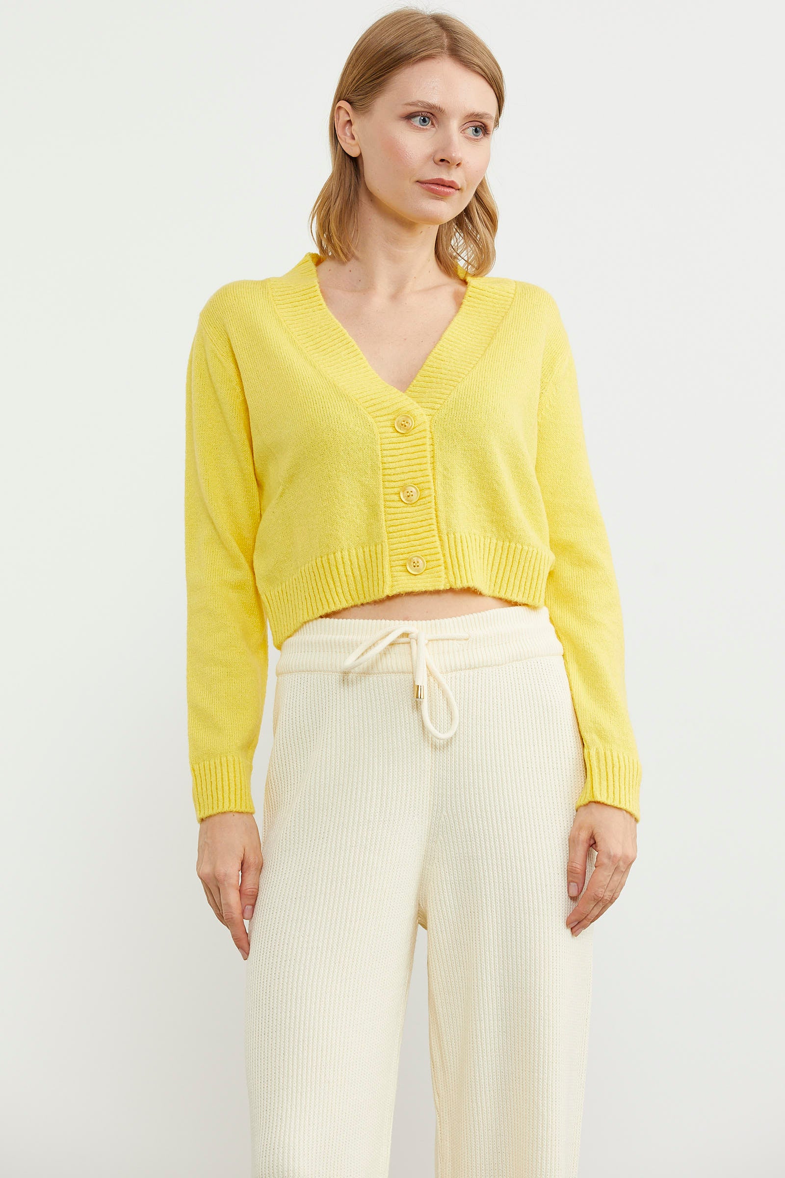 Basic Düğmeli Kısa Triko Hırka - Sarı (1) Sementa