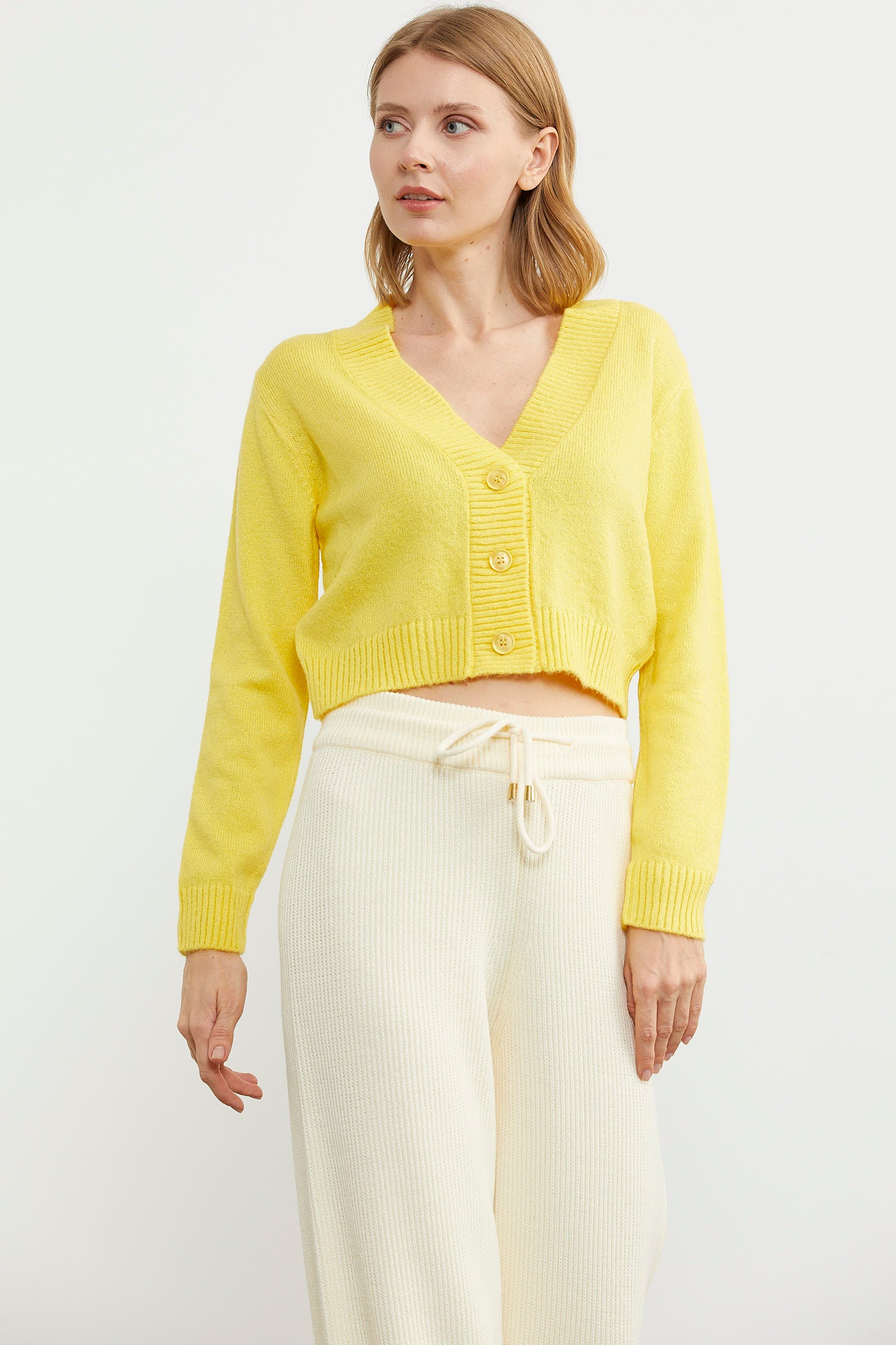 Basic Düğmeli Kısa Triko Hırka - Sarı (2) Sementa