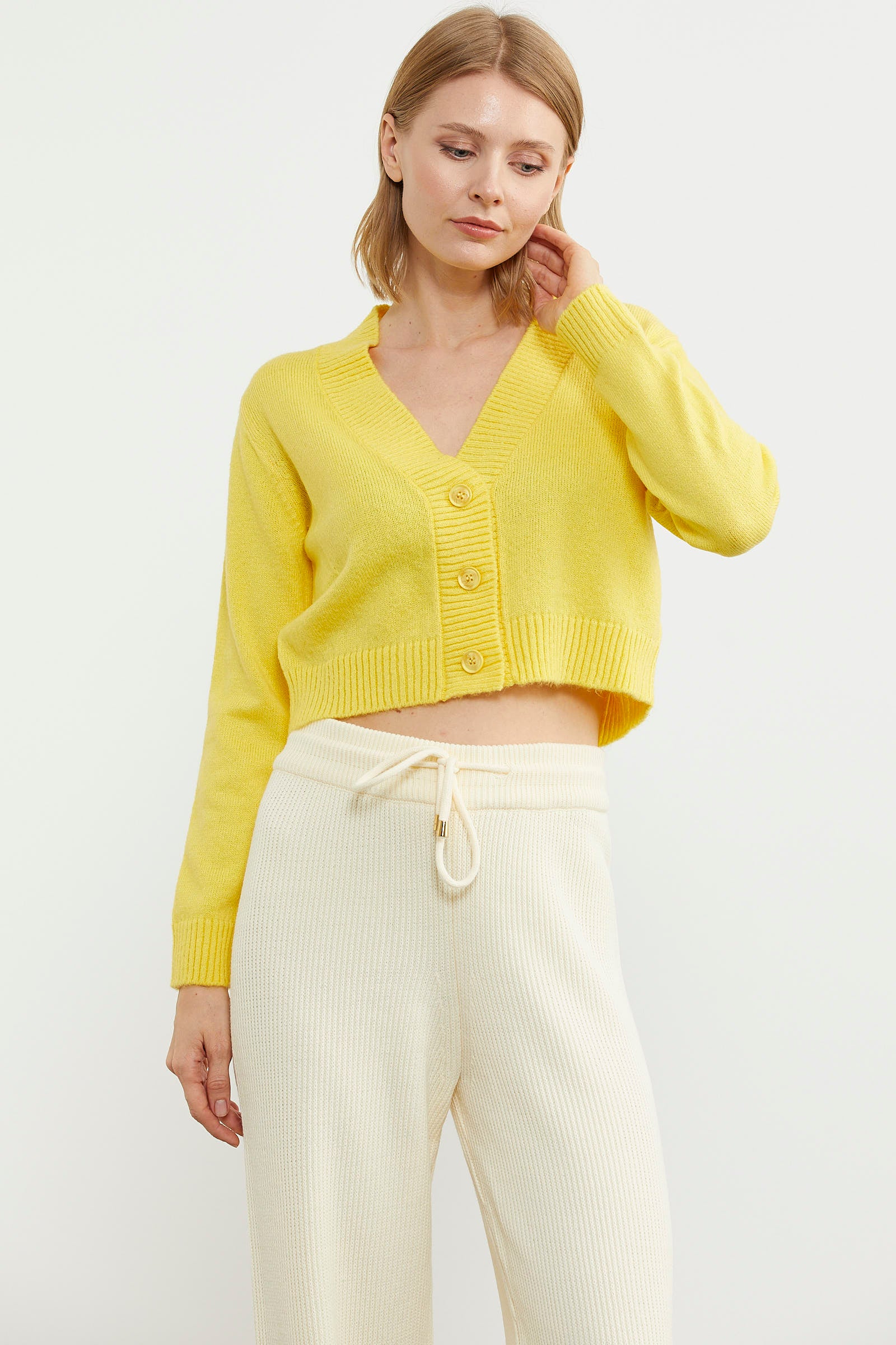 Basic Düğmeli Kısa Triko Hırka - Sarı (3) Sementa