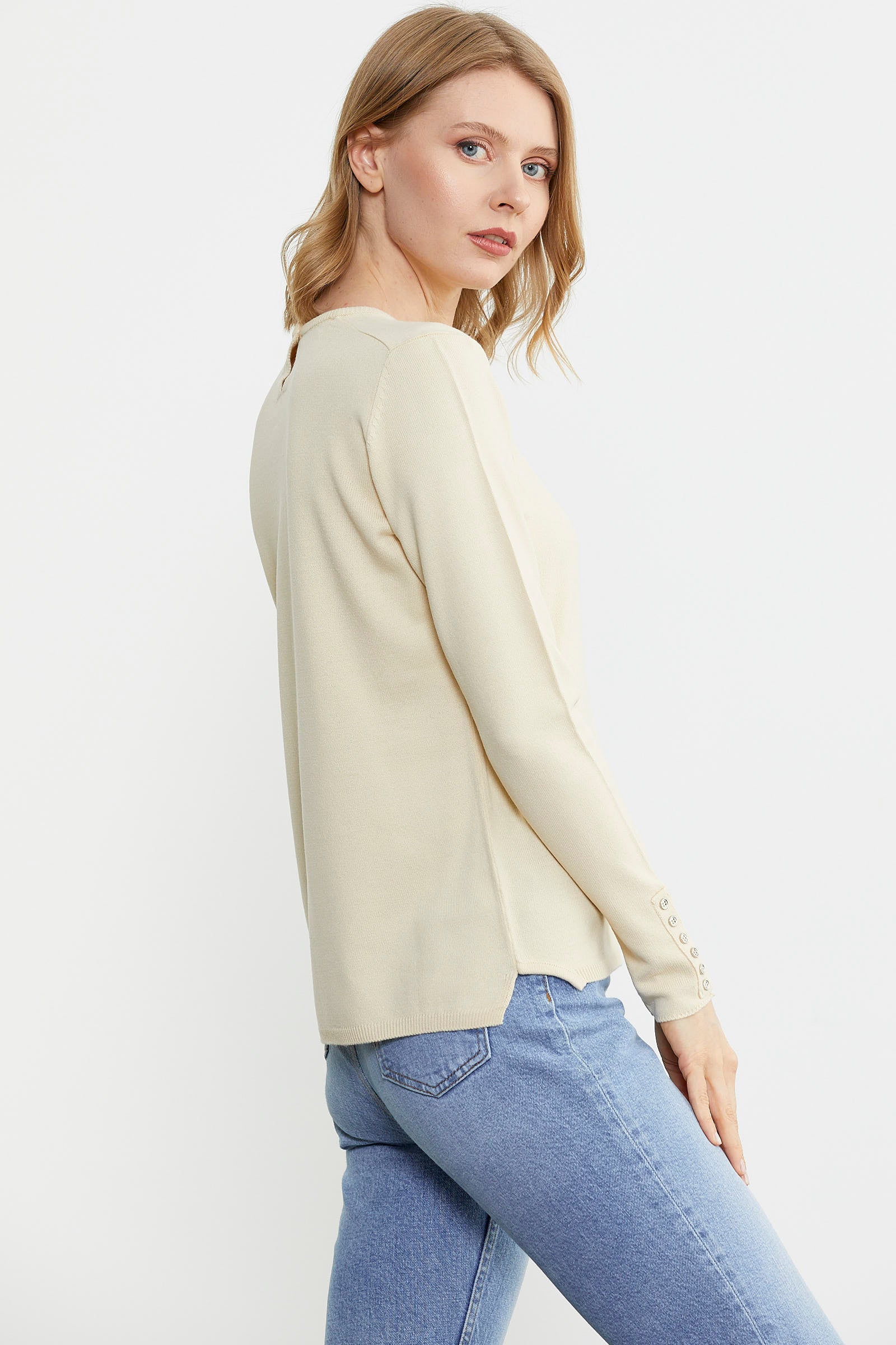 Basic Sıfır Yaka Triko Kazak - Krem (4) Sementa