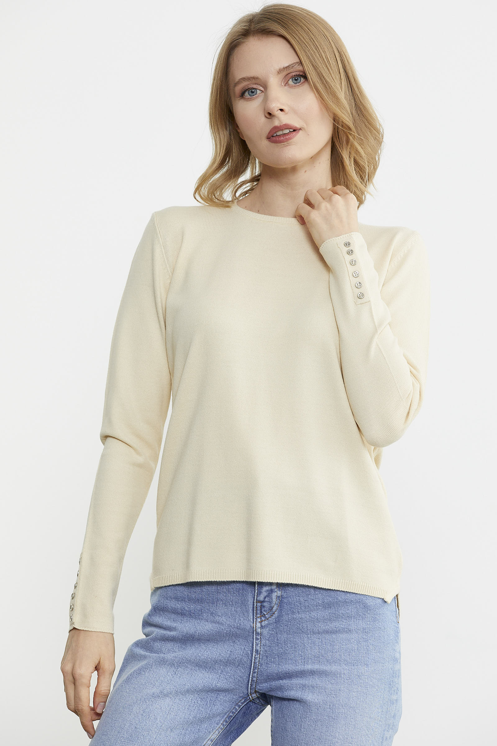 Basic Sıfır Yaka Triko Kazak - Krem (3) Sementa