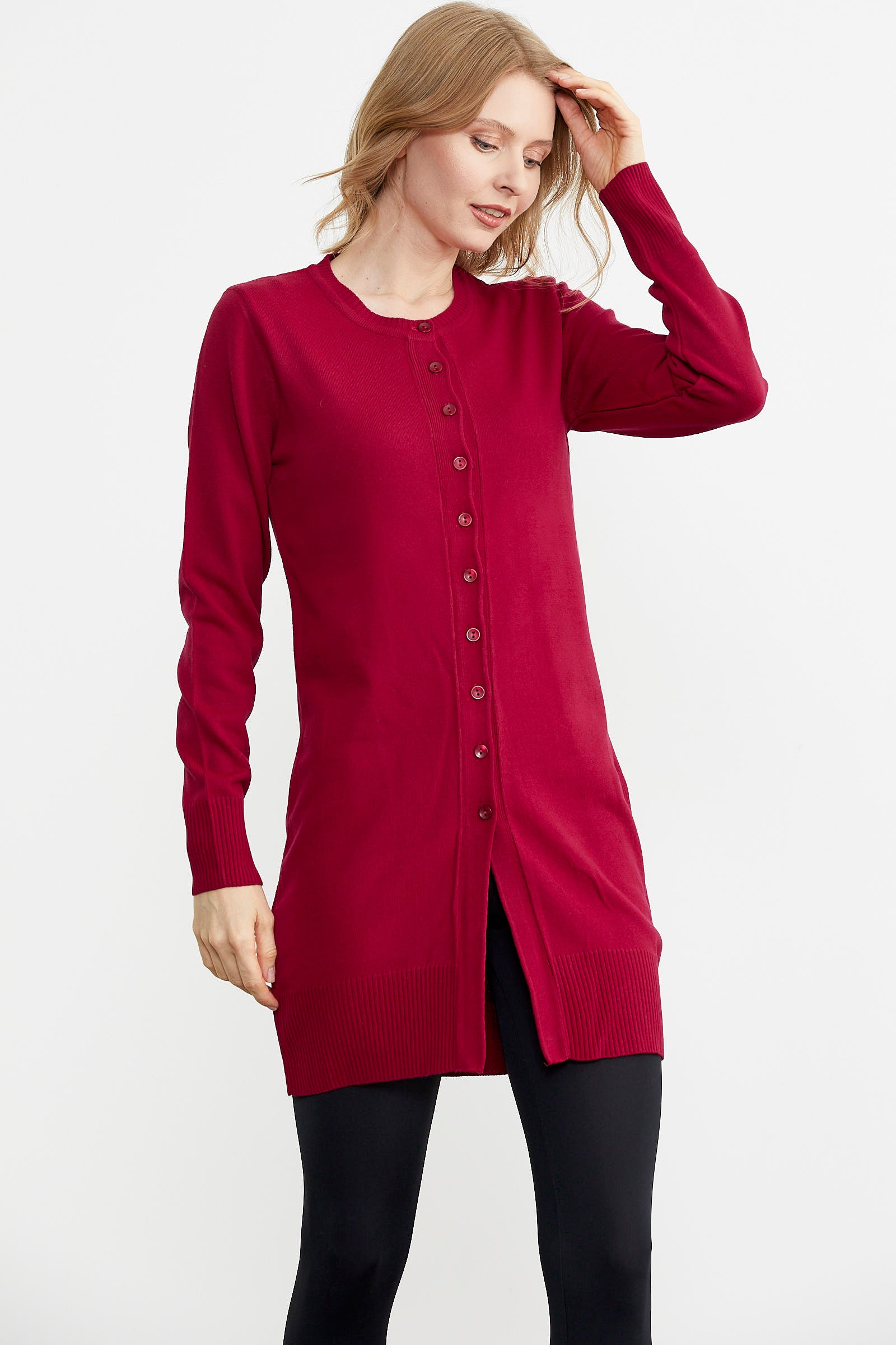 Basic Uzun Düğmeli Triko Hırka - Kırmızı (2) Sementa