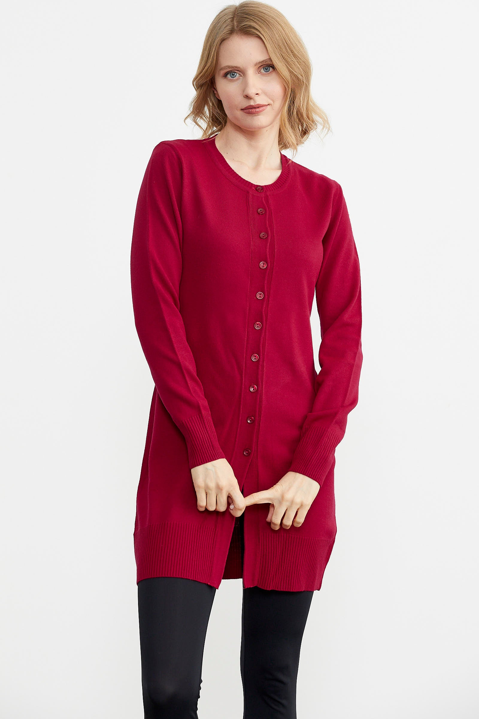 Basic Uzun Düğmeli Triko Hırka - Kırmızı (3) Sementa