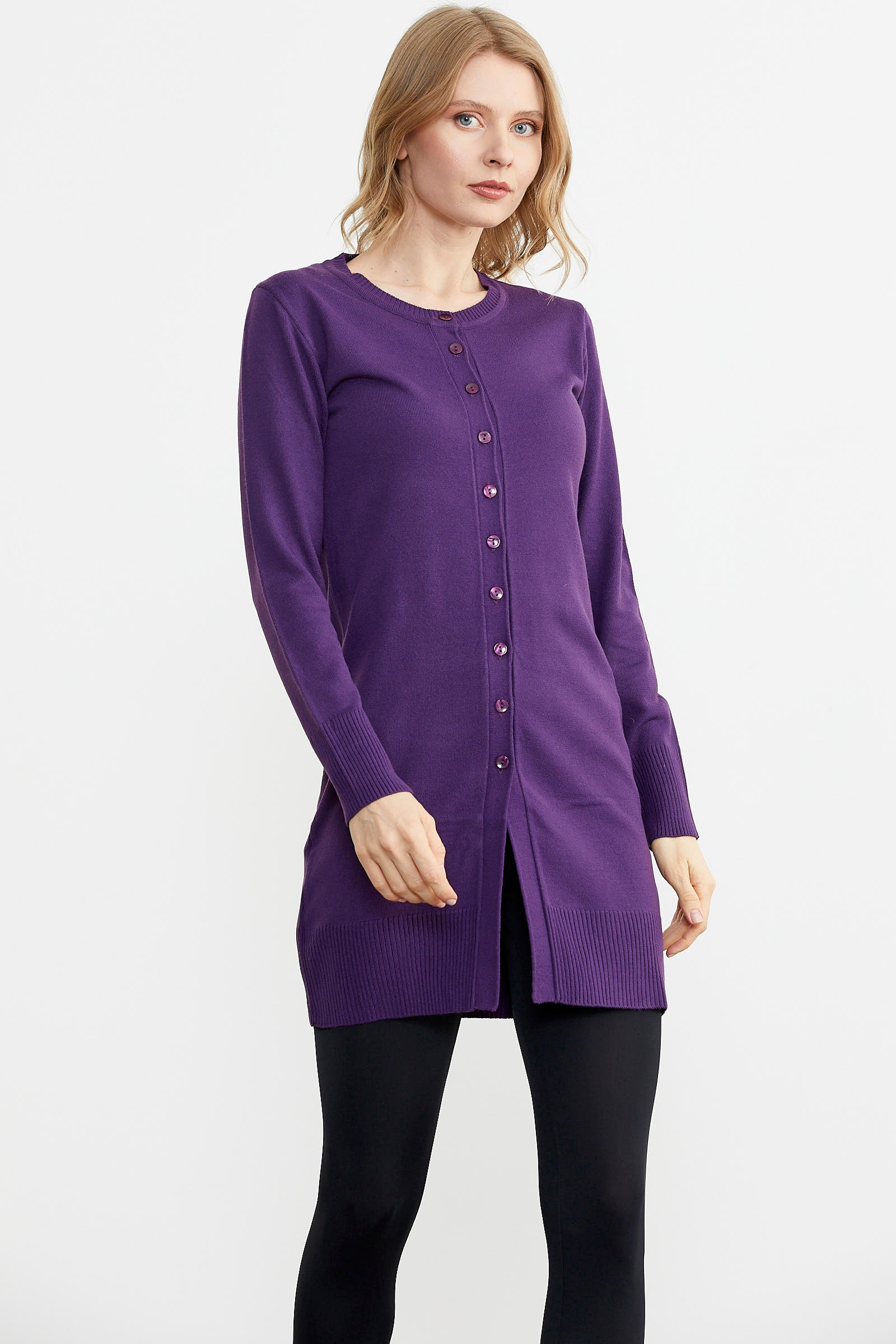 Basic Uzun Düğmeli Triko Hırka - Mor (1) Sementa