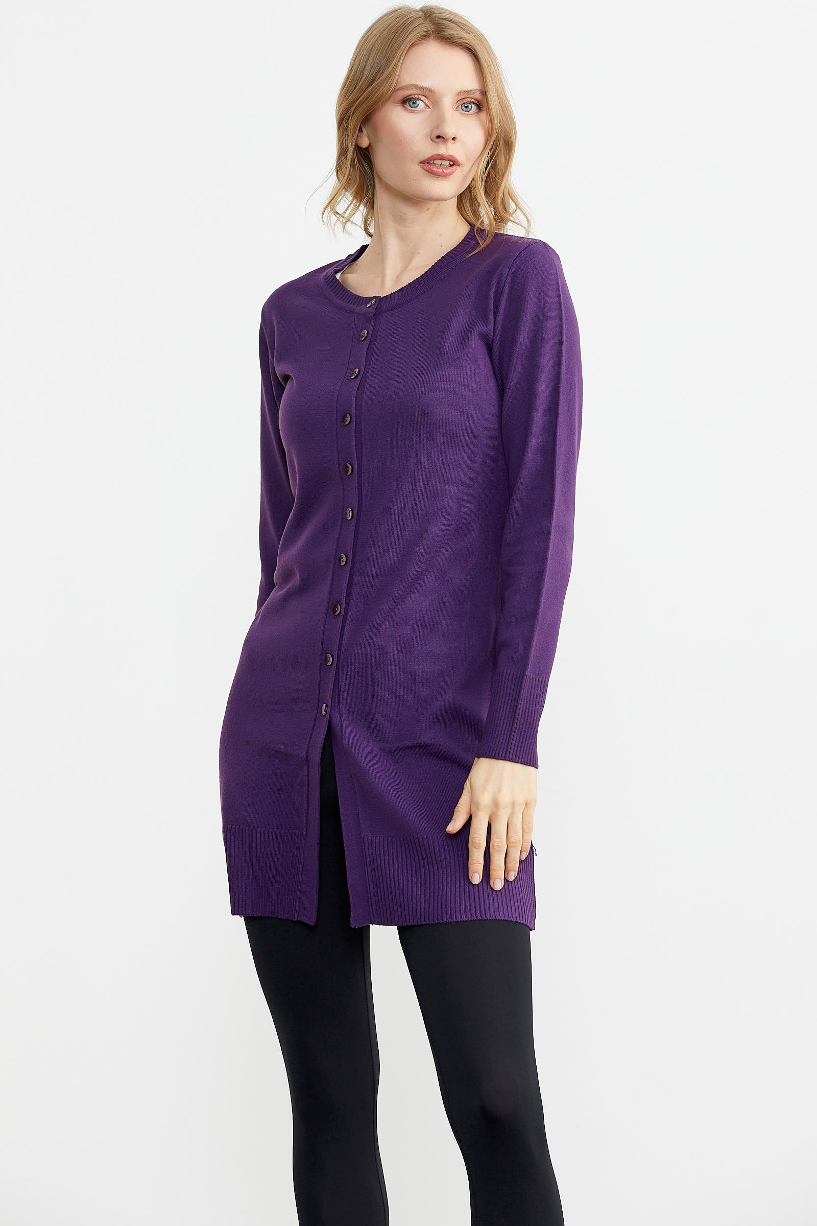 Basic Uzun Düğmeli Triko Hırka - Mor (2) Sementa