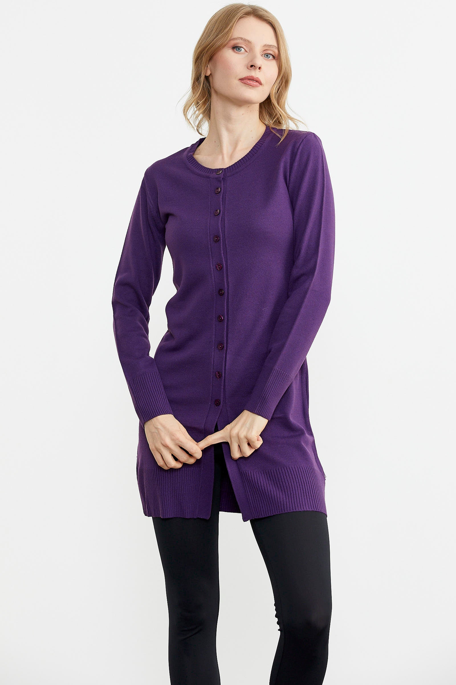 Basic Uzun Düğmeli Triko Hırka - Mor (3) Sementa