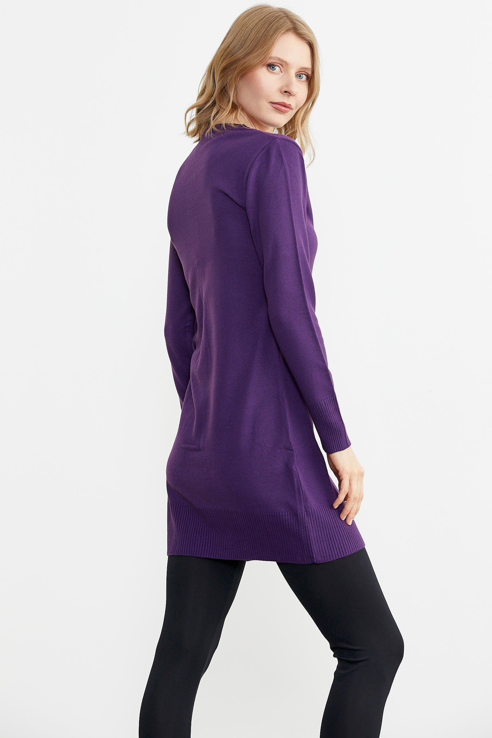 Basic Uzun Düğmeli Triko Hırka - Mor (4) Sementa