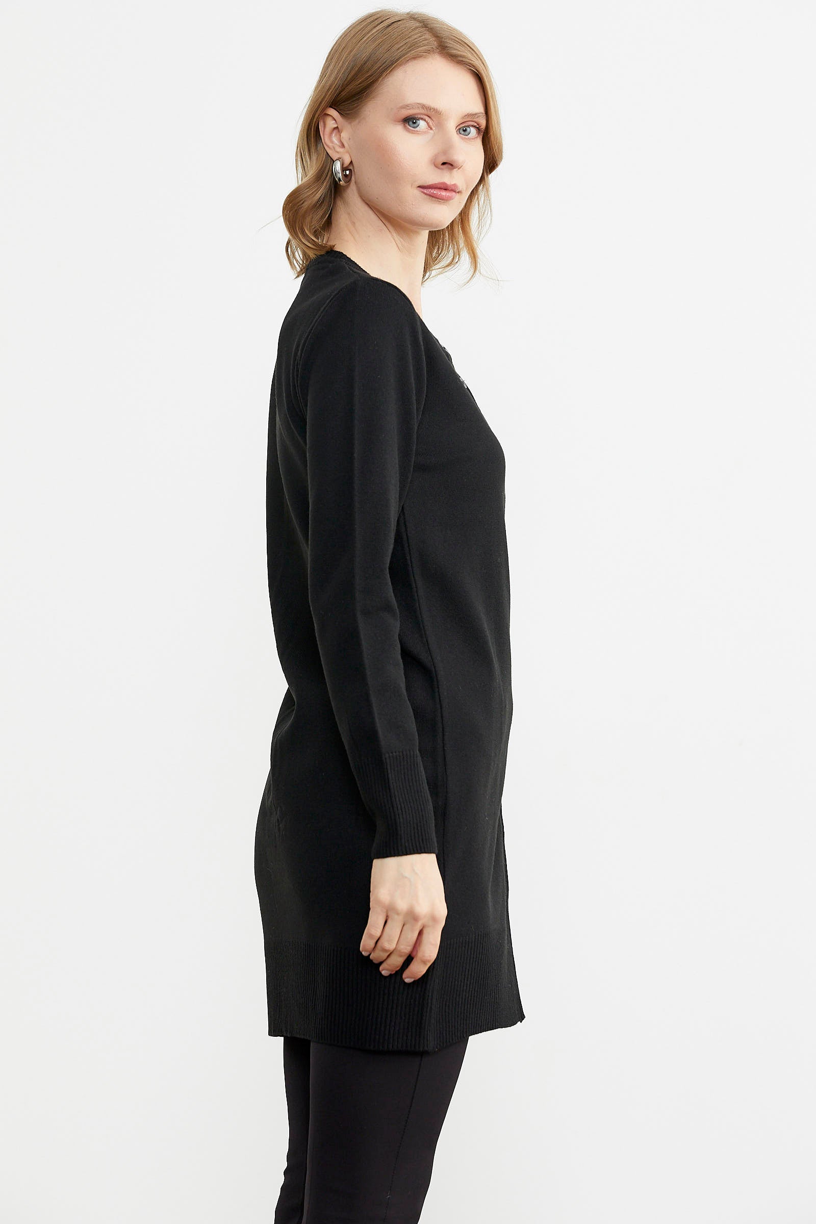 Basic Uzun Düğmeli Triko Hırka - Siyah (4) Sementa