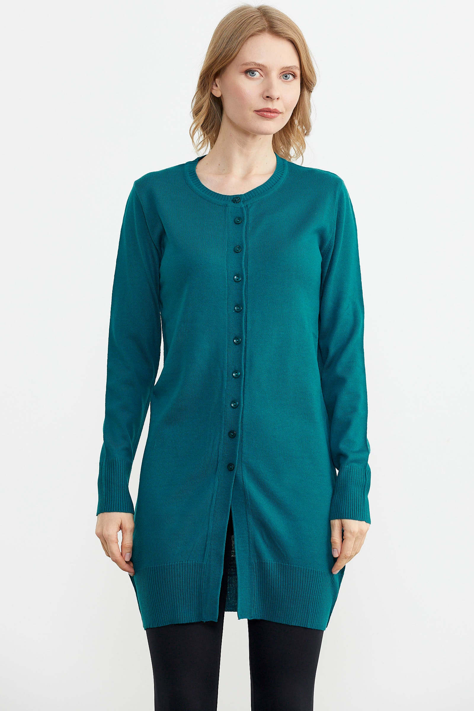 Basic Uzun Düğmeli Triko Hırka - Turkuaz (1) Sementa