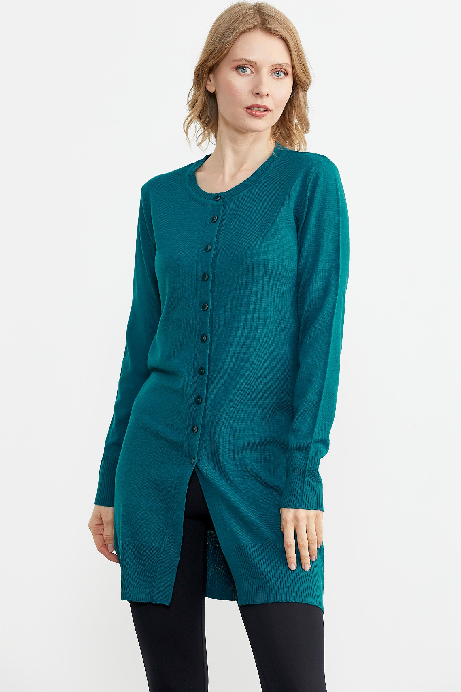 Basic Uzun Düğmeli Triko Hırka - Turkuaz (2) Sementa