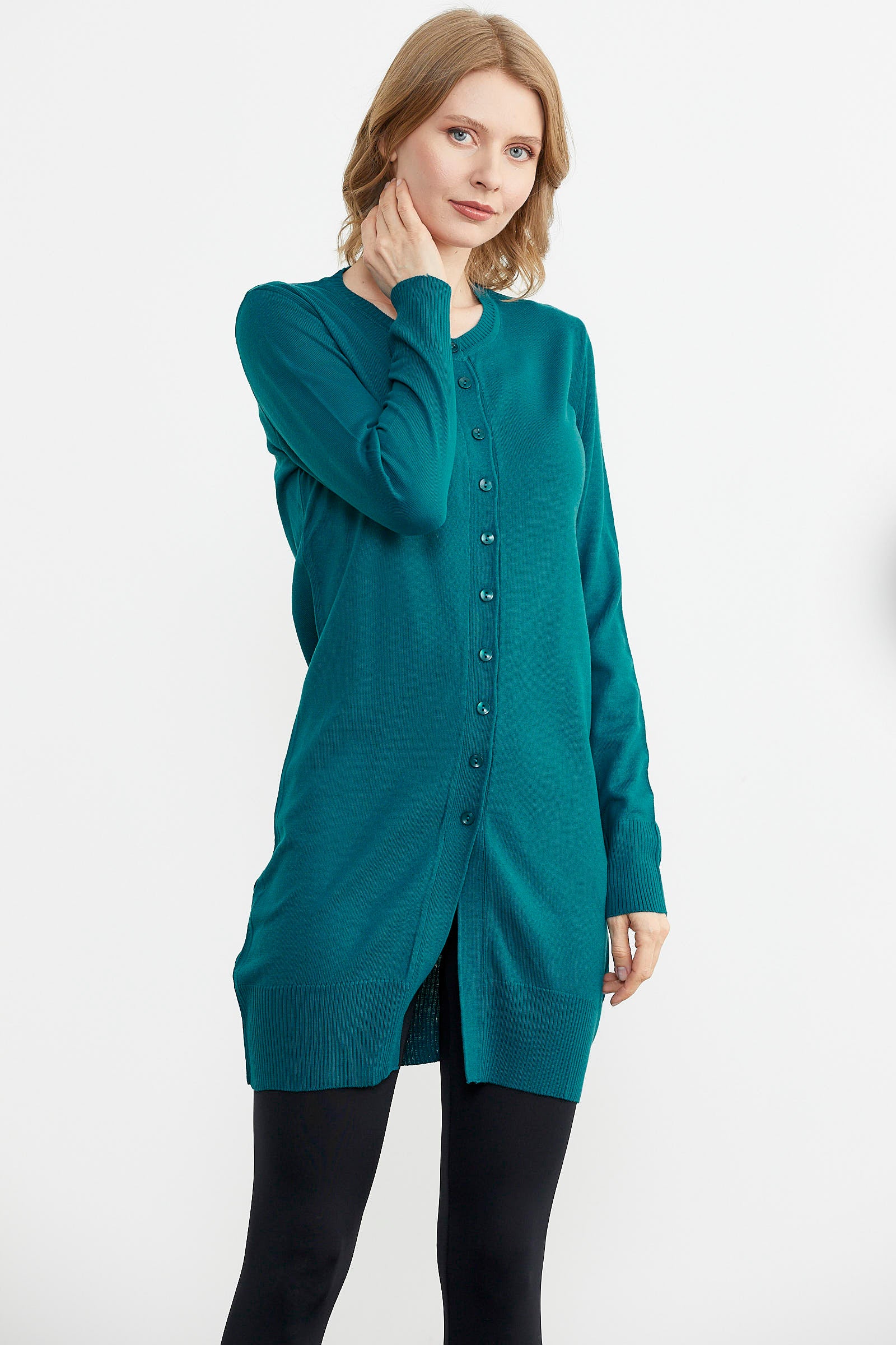 Basic Uzun Düğmeli Triko Hırka - Turkuaz (3) Sementa