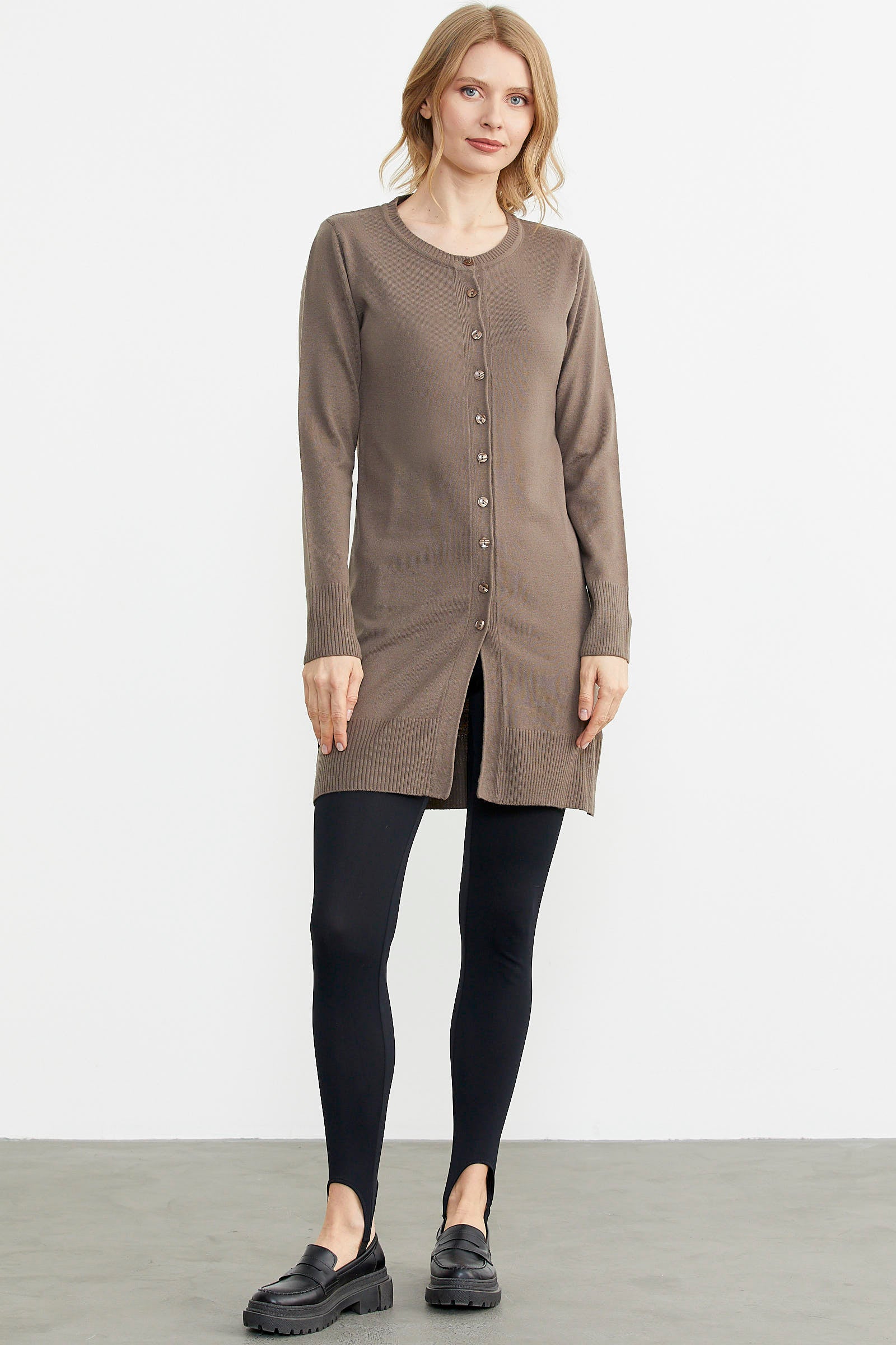 Basic Uzun Düğmeli Triko Hırka - Vizon (1) Sementa