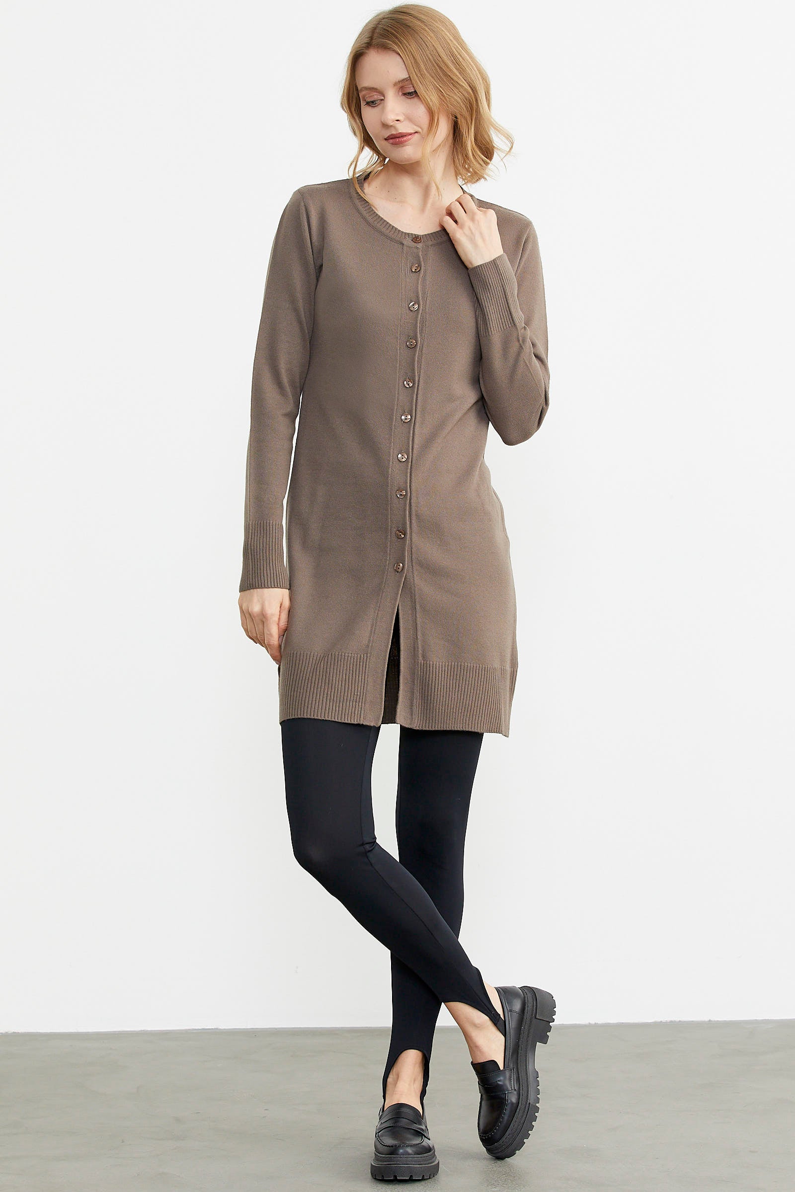 Basic Uzun Düğmeli Triko Hırka - Vizon (2) Sementa