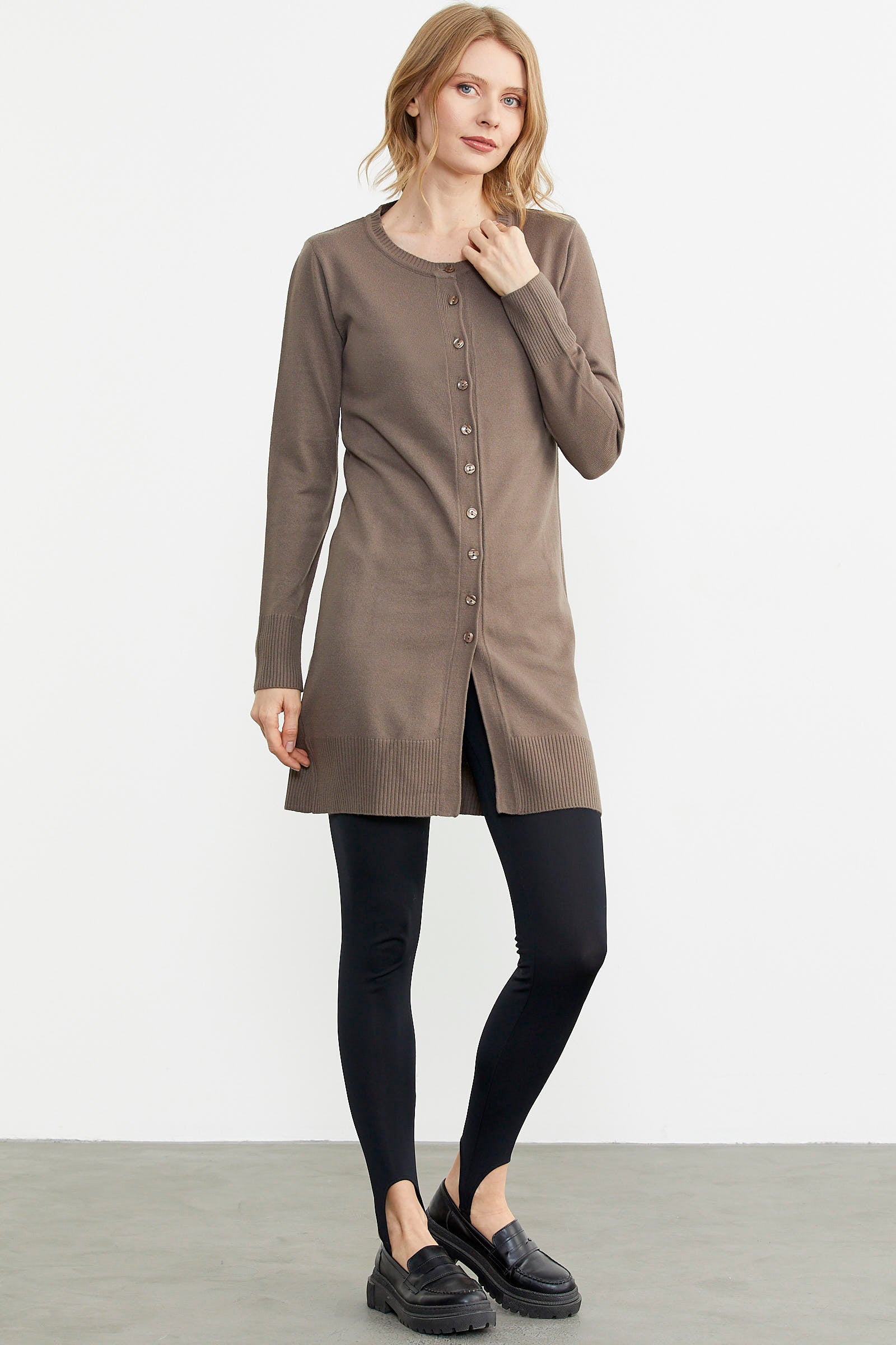 Basic Uzun Düğmeli Triko Hırka - Vizon (3) Sementa