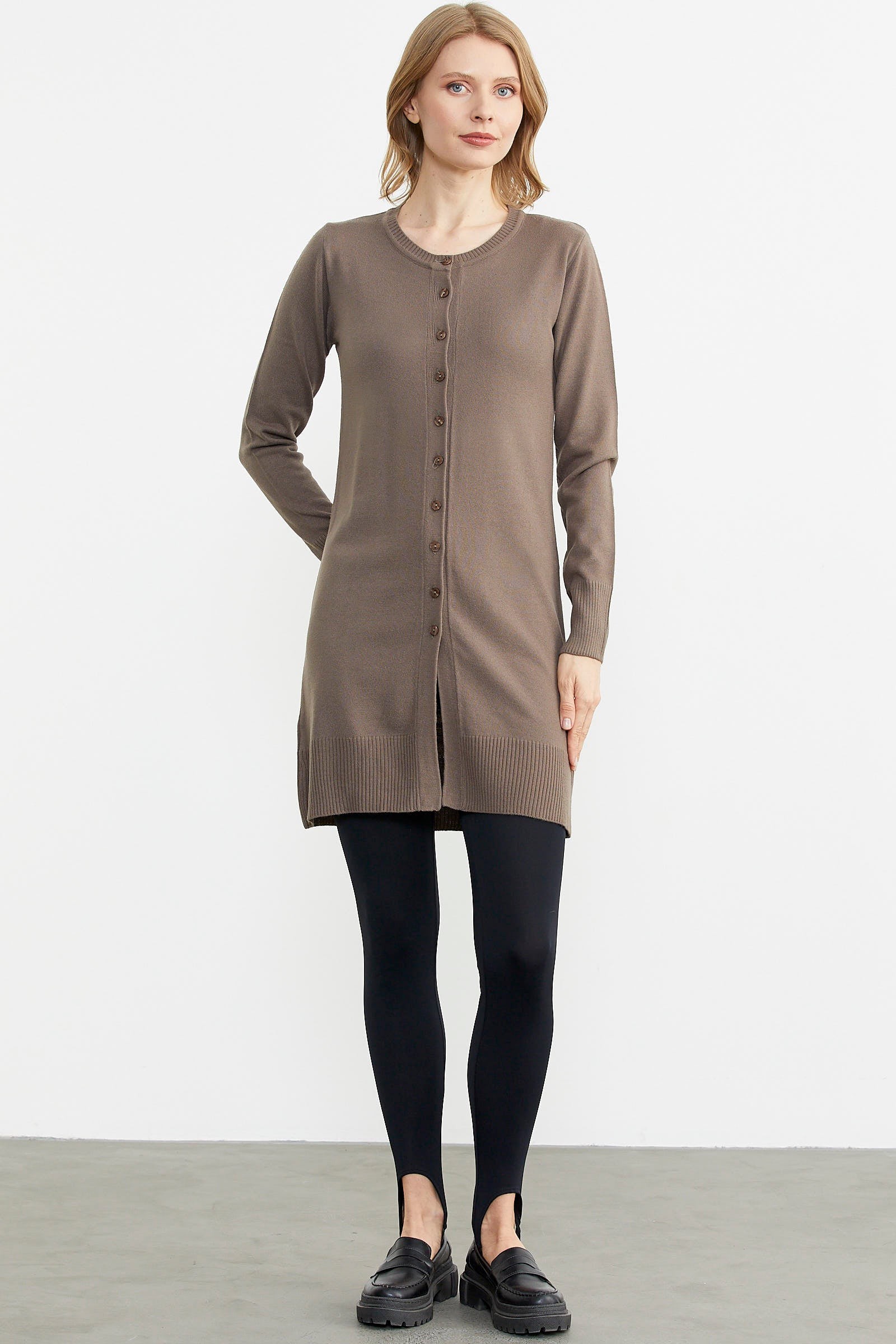 Basic Uzun Düğmeli Triko Hırka - Vizon (4) Sementa