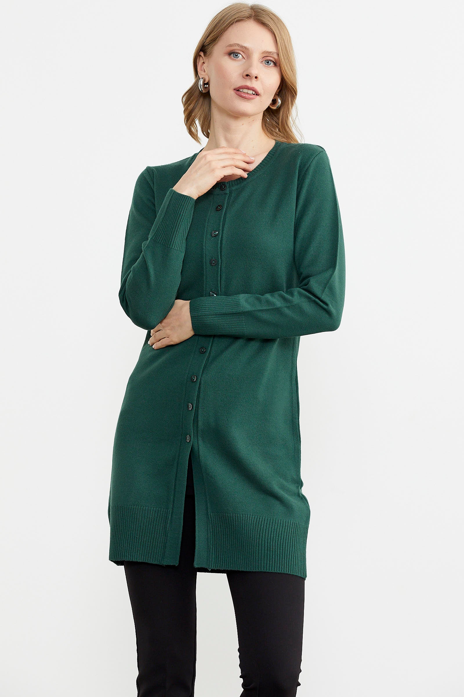 Basic Uzun Düğmeli Triko Hırka - Yeşil (2) Sementa