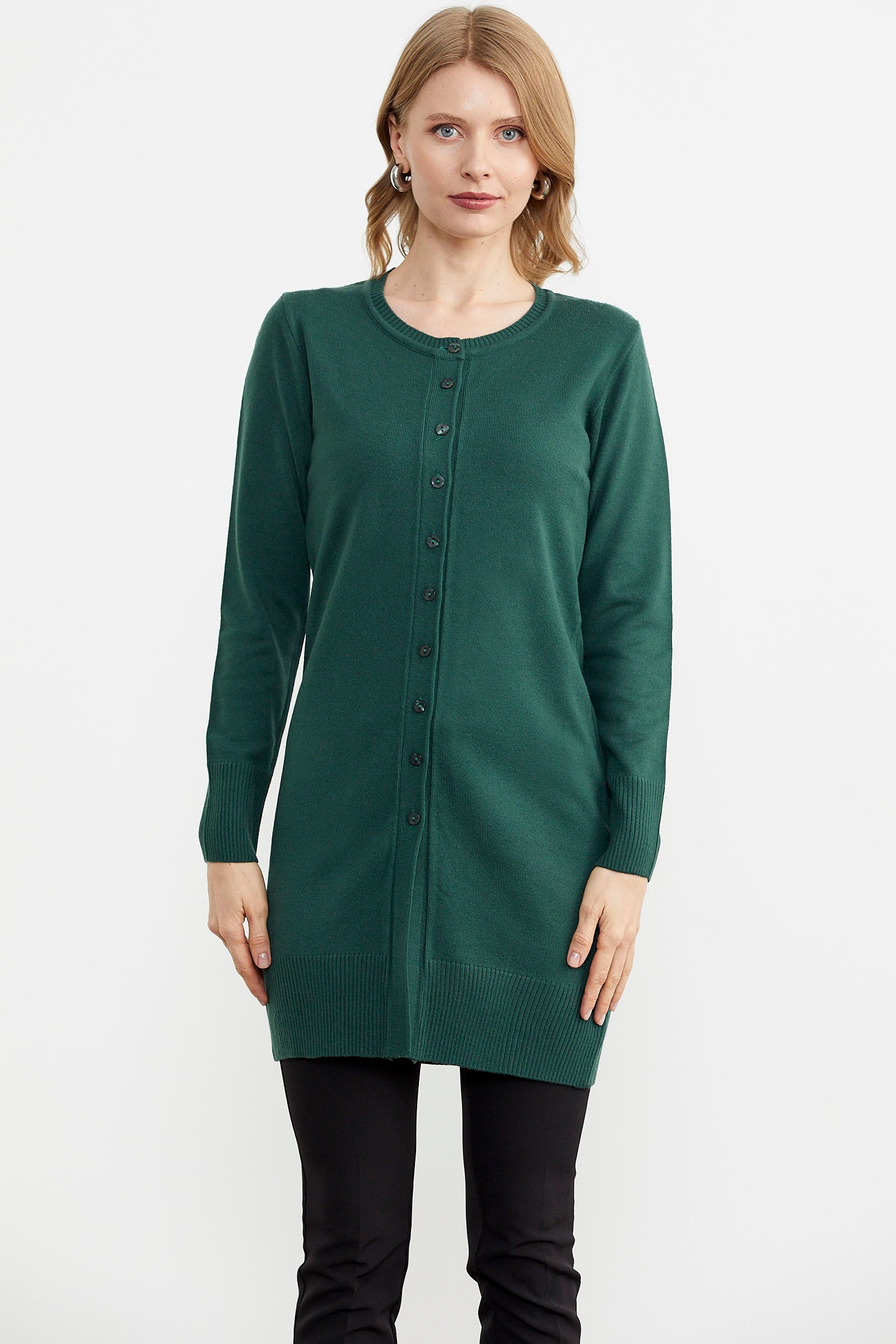 Basic Uzun Düğmeli Triko Hırka - Yeşil (3) Sementa
