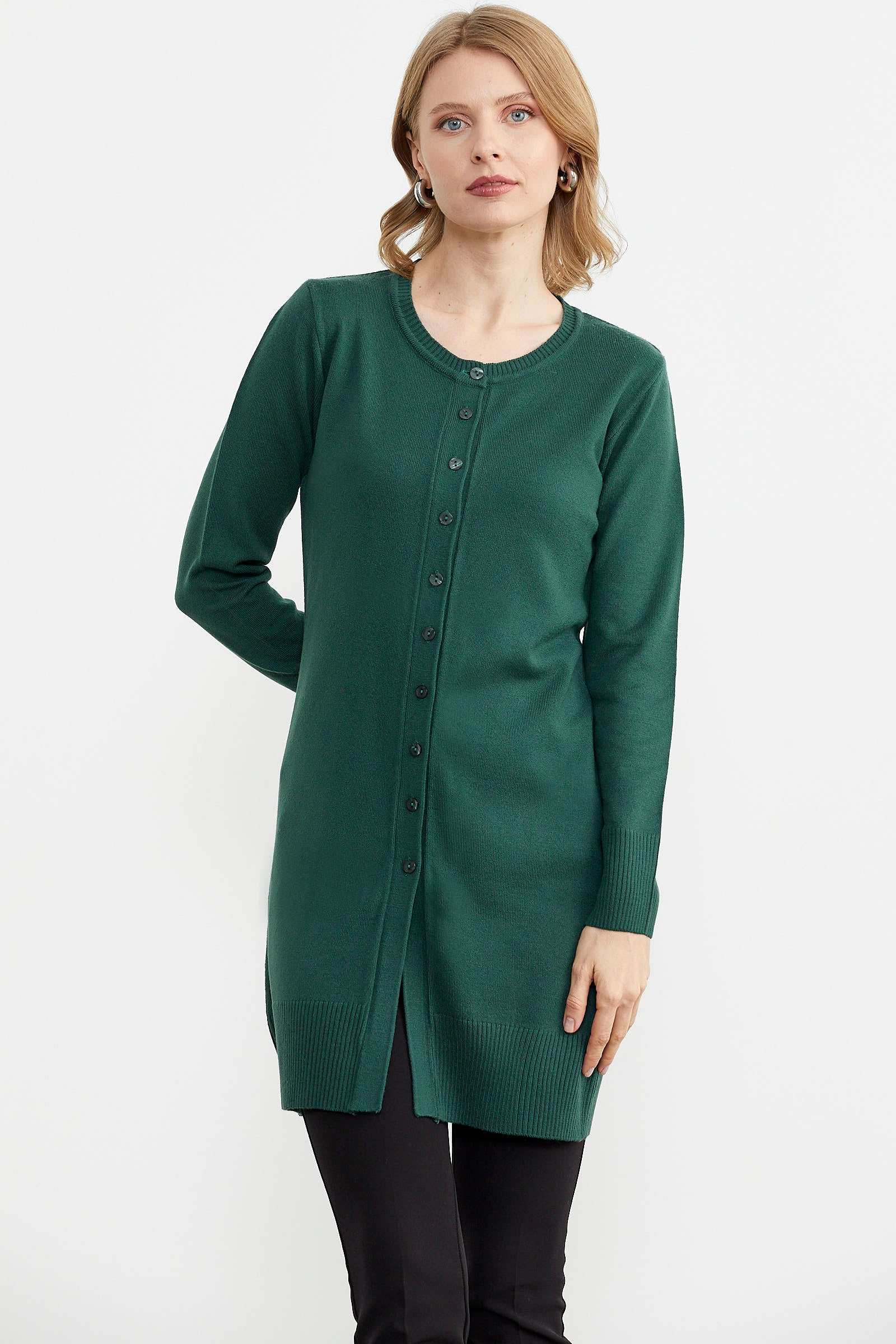 Basic Uzun Düğmeli Triko Hırka - Yeşil (4) Sementa