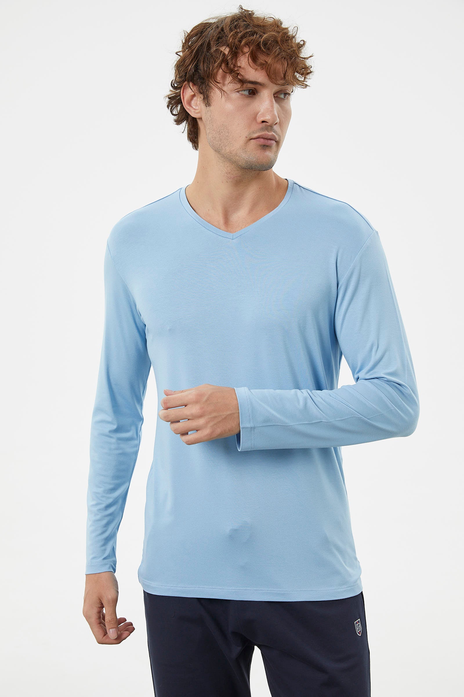 Basic Long Sleeve V-Neck T-Shirt Blue – SEMENTA