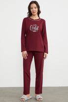 Baskı Detaylı Düz Pijama Takım - Bordo (2) Sementa