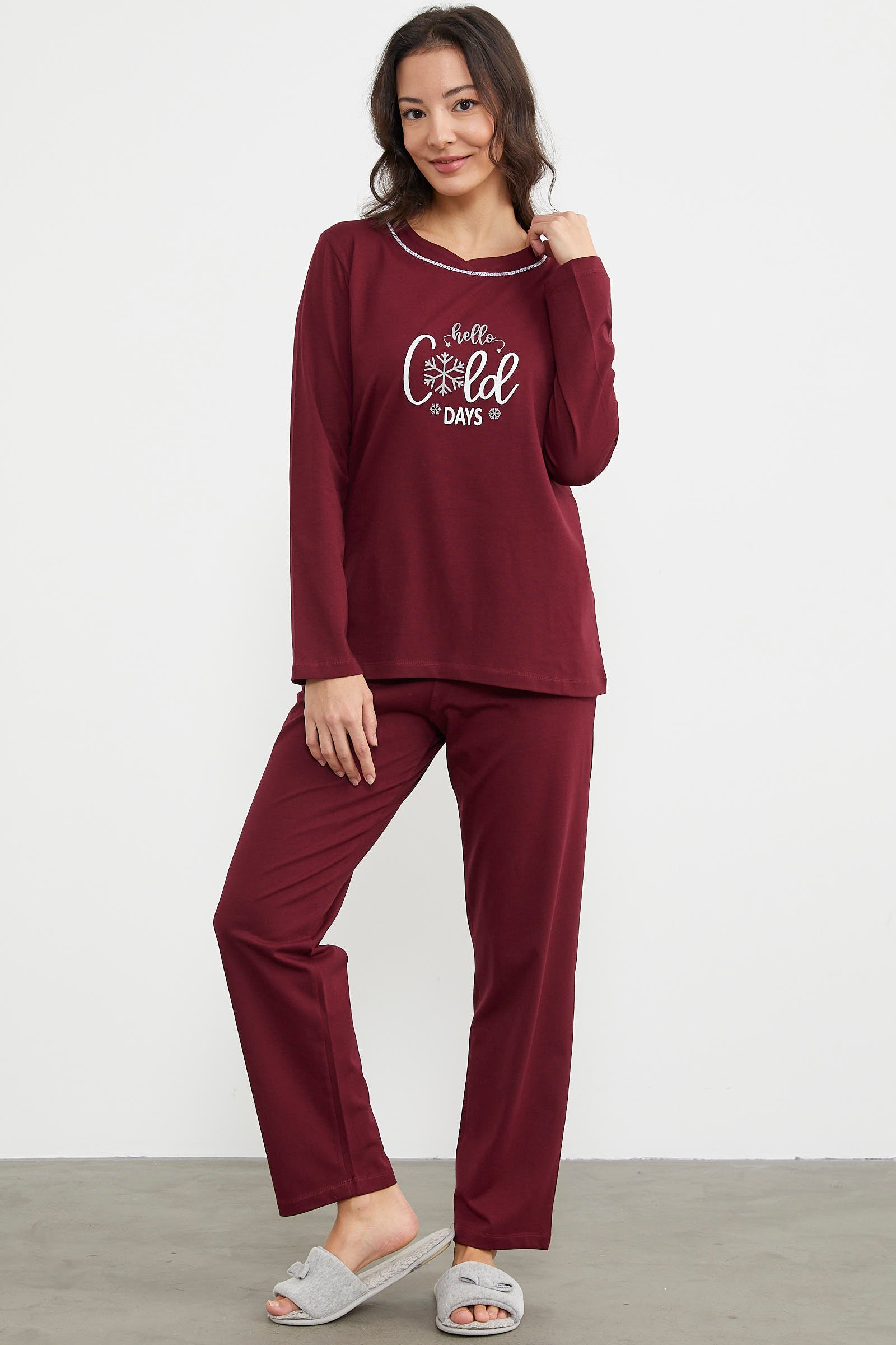Baskı Detaylı Düz Pijama Takım - Bordo (5) Sementa