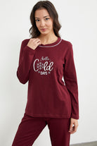 Baskı Detaylı Düz Pijama Takım - Bordo (6) Sementa