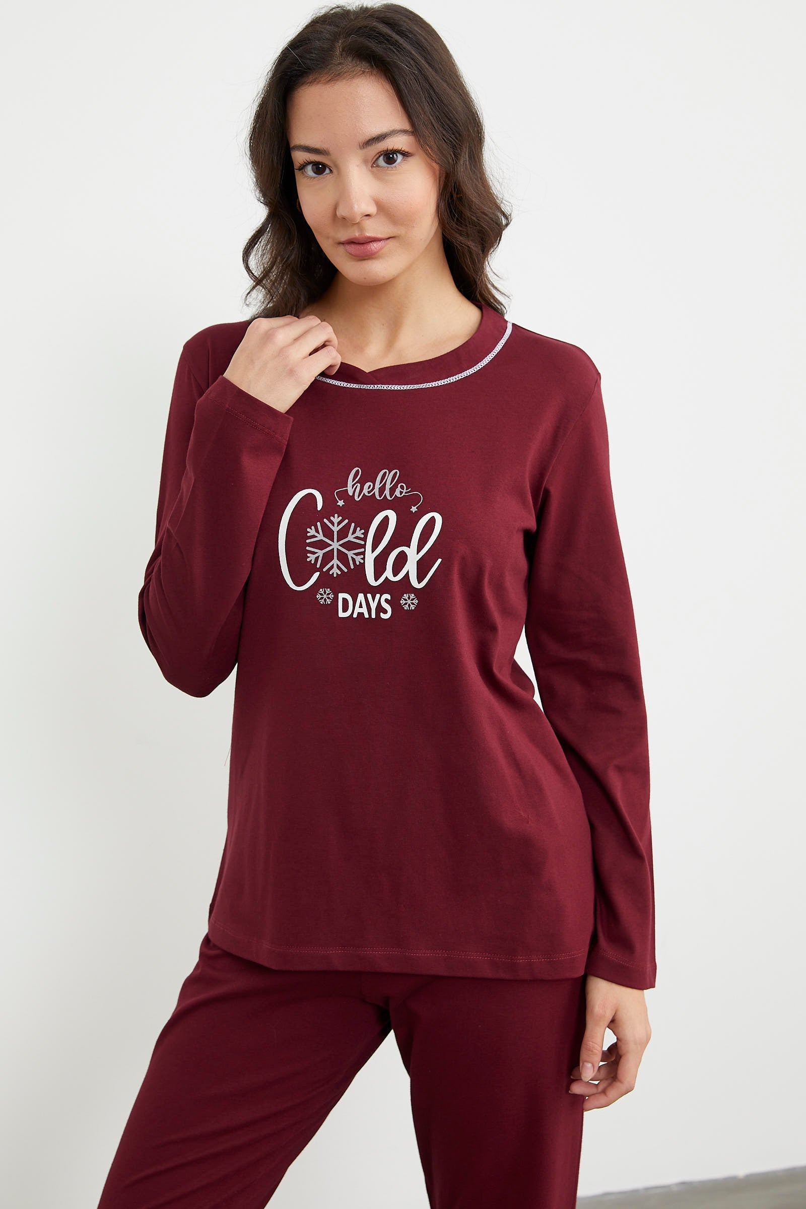 Baskı Detaylı Düz Pijama Takım - Bordo (6) Sementa