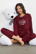 Baskı Detaylı Düz Pijama Takım - Bordo (1) Sementa