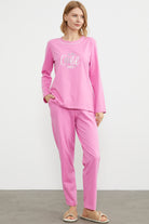 Baskı Detaylı Düz Pijama Takım - Pembe (2) Sementa