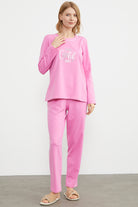 Baskı Detaylı Düz Pijama Takım - Pembe (3) Sementa