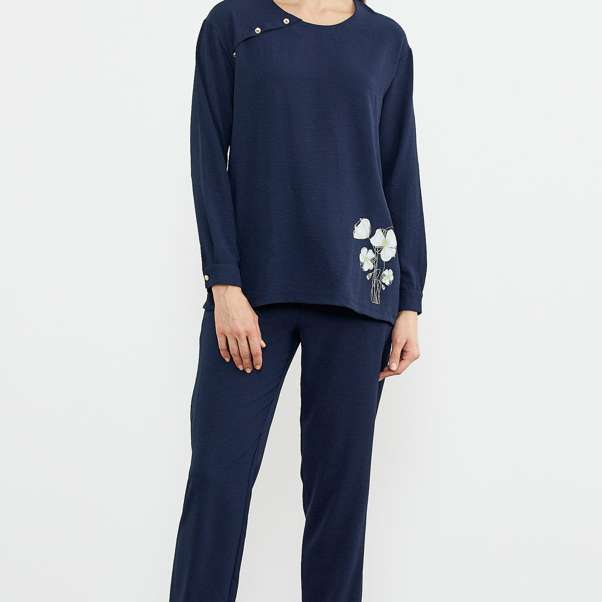 Printed Detailed Long Sleeve Crepe Suit - Navy Blue – SEMENTA