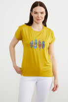 Baskılı Arkası Uzun Tişört - Hardal (2) Sementa