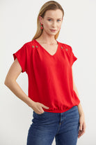 Beli Lastikli V Yaka Crop Bluz - Kırmızı (2) Sementa