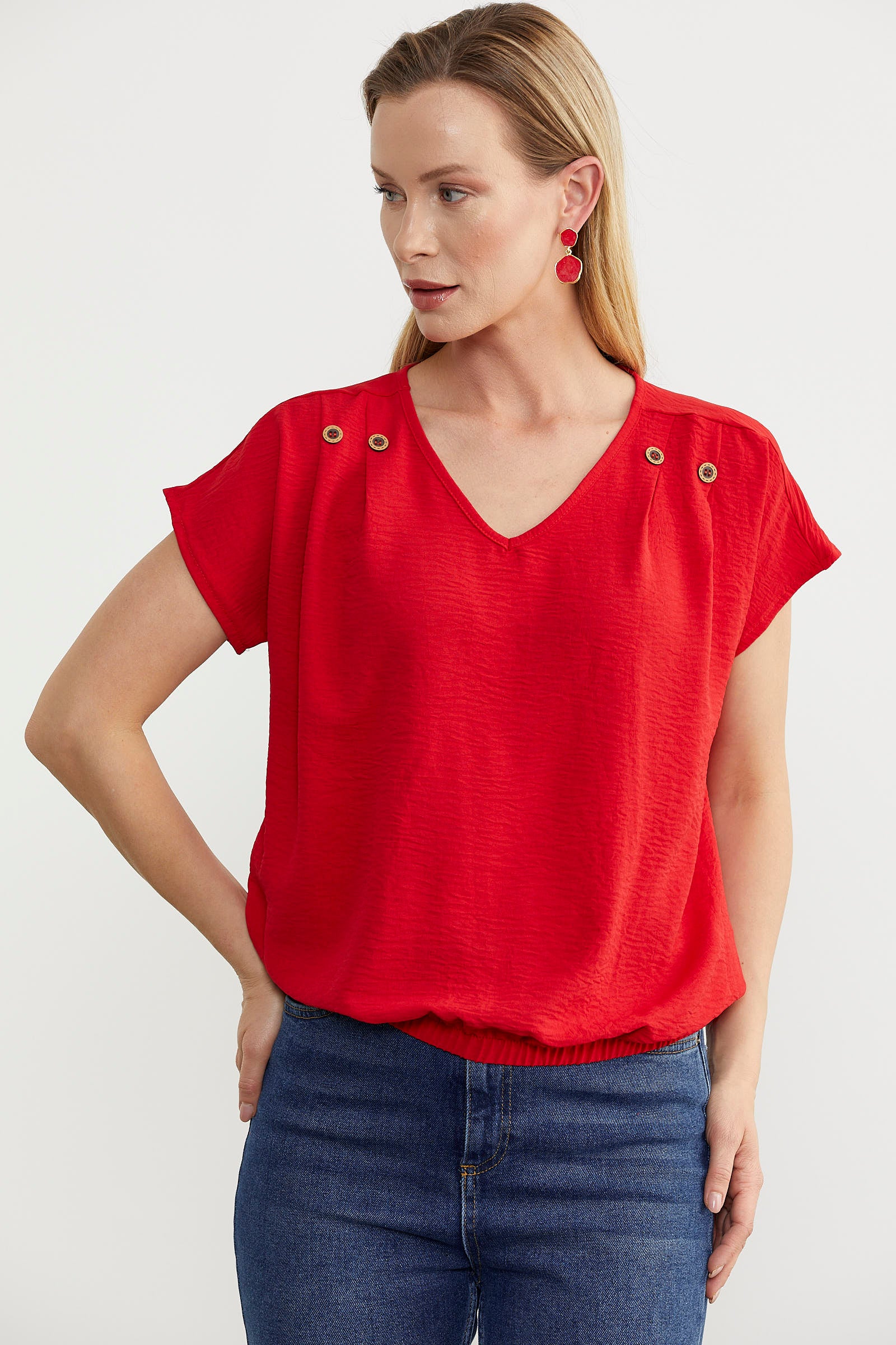 Beli Lastikli V Yaka Crop Bluz - Kırmızı (3) Sementa