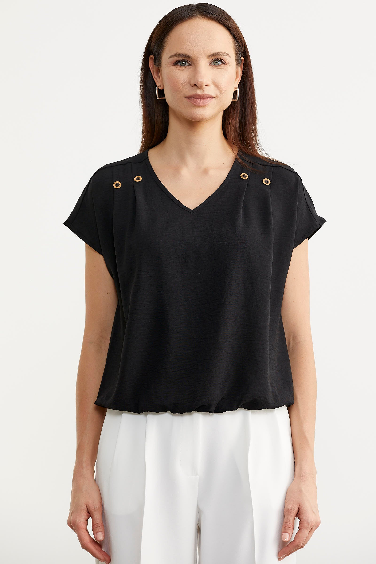 Beli Lastikli V Yaka Crop Bluz - Siyah (1) Sementa